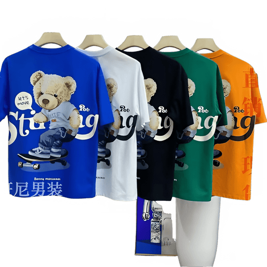100% Cotton Men's Large T-Shirt Harajuku Cartoon Graphic Funny Bear T Shirts Men Clothing Short Sleeve Blouse Streetwear Top New - Baddielike