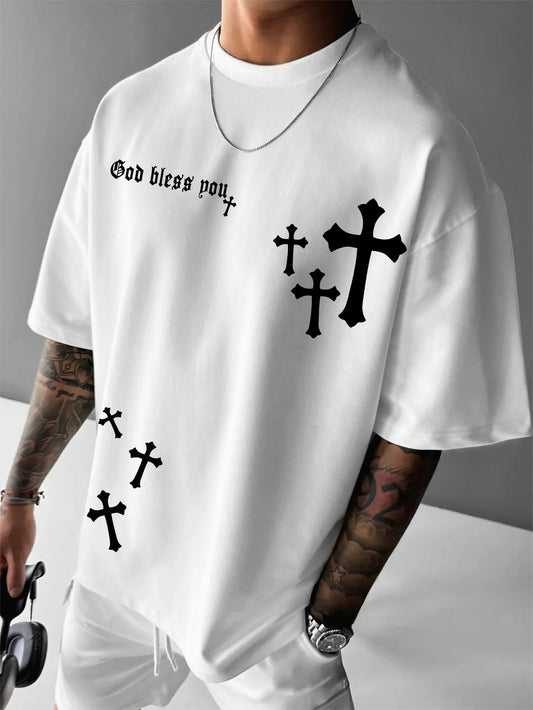 "God Bless You" Cross Print 100% Cotton Men Woment T-shirt Summer Autumn Daily Outdoor Sports Party Casual Street Short Sleeve - Baddielike